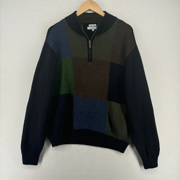 ALEX CANNON Sweater Mens L Merino Wool Blend 1/4 Zip Colorblock Pullover Black - Picture 1 of 13